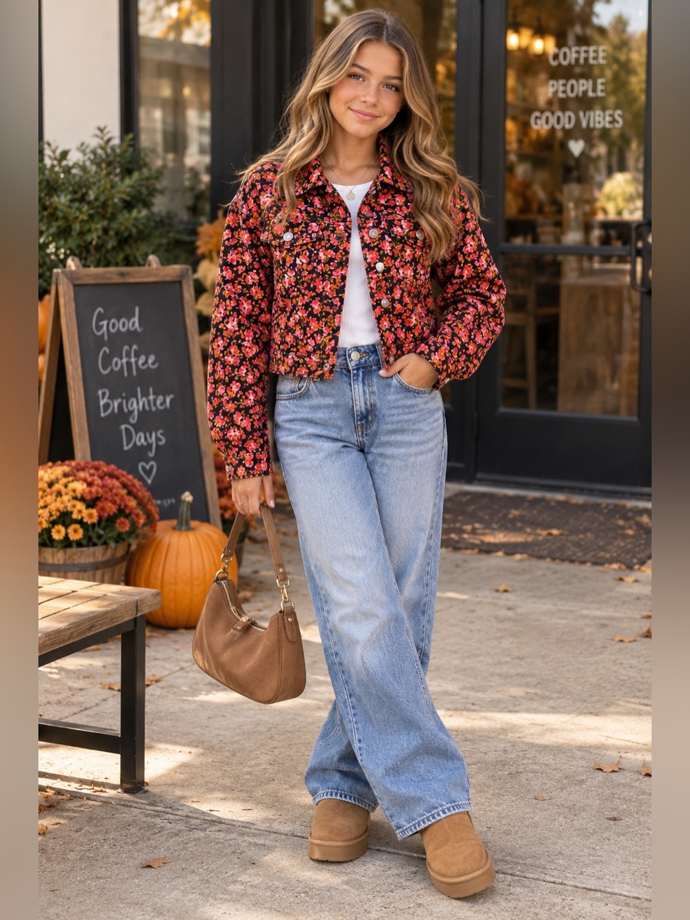 Social Standard by Sanctuary Floral Denim Jacket Girls L 10/12 Fall Cottagecore